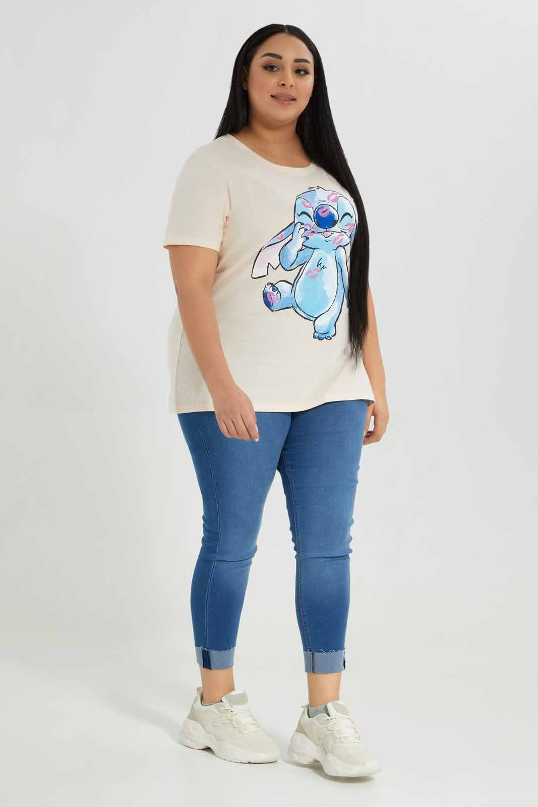 Redtag-Pink-Lilo-&-Stitch-Placement-Print-T-Shirt-Category:T-Shirts,-Colour:Apricot,-Deals:New-In,-Filter:Plus-Size,-LDP-T-Shirts,-New-In-LDP-APL,-Non-Sale,-Section:Women,-TBL,-W22A-Women's-