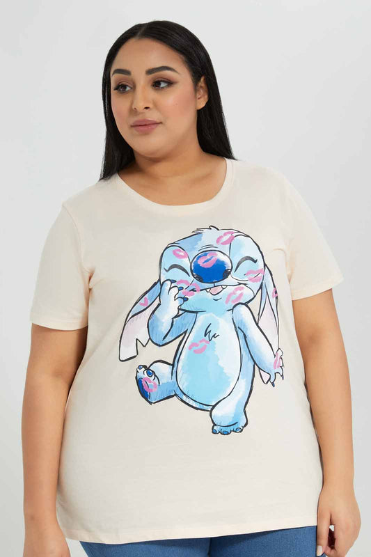 Redtag-Pink-Lilo-&-Stitch-Placement-Print-T-Shirt-Category:T-Shirts,-Colour:Apricot,-Deals:New-In,-Filter:Plus-Size,-LDP-T-Shirts,-New-In-LDP-APL,-Non-Sale,-Section:Women,-TBL,-W22A-Women's-