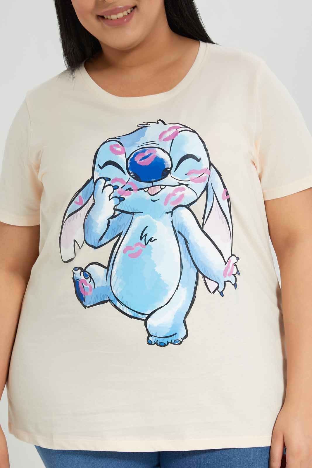Redtag-Pink-Lilo-&-Stitch-Placement-Print-T-Shirt-Category:T-Shirts,-Colour:Apricot,-Deals:New-In,-Filter:Plus-Size,-LDP-T-Shirts,-New-In-LDP-APL,-Non-Sale,-Section:Women,-TBL,-W22A-Women's-
