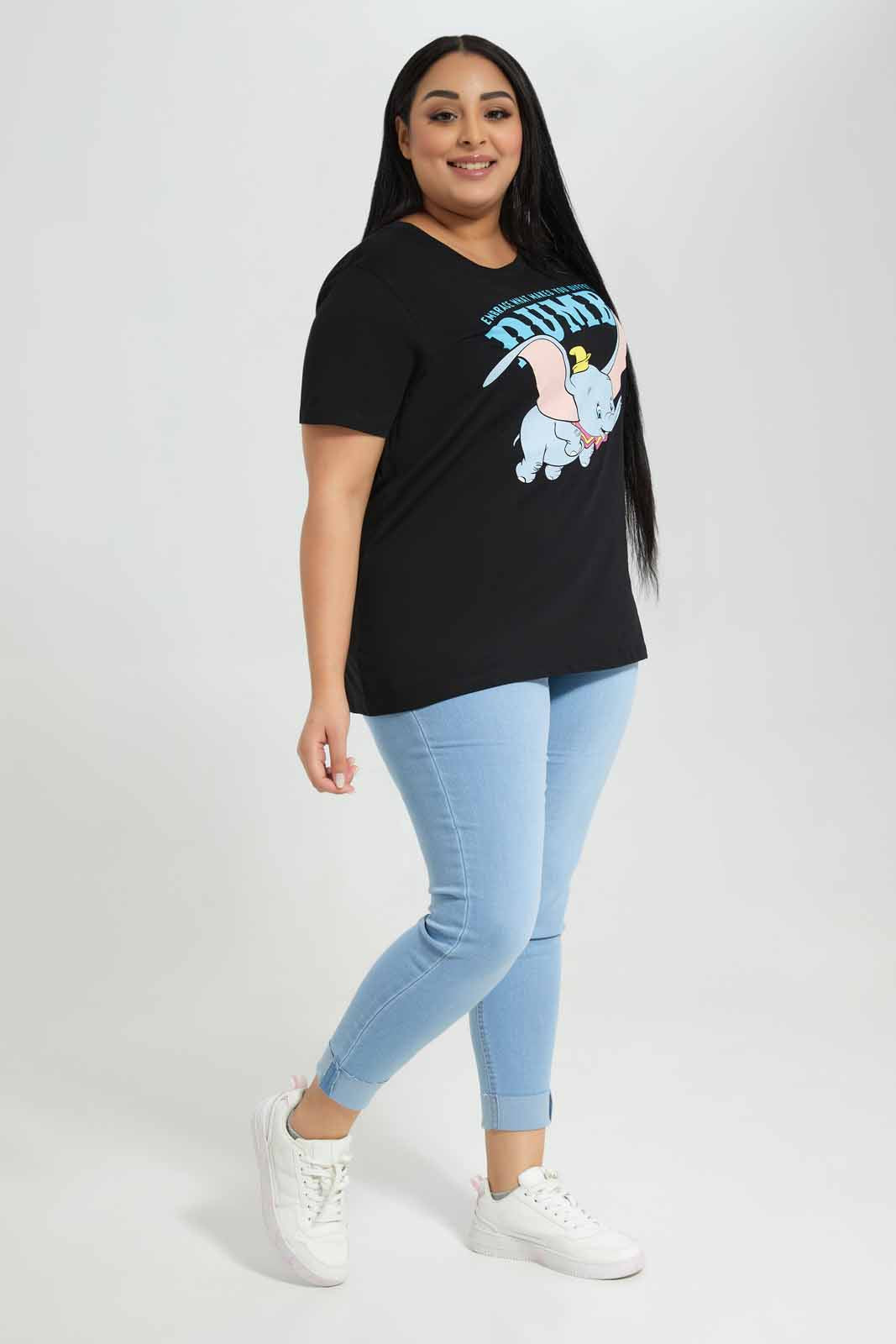 Redtag-Black-Dumbo-Placement-Print-T-Shirt-Category:T-Shirts,-Colour:Black,-Deals:New-In,-Filter:Plus-Size,-LDP-T-Shirts,-New-In-LDP-APL,-Non-Sale,-Section:Women,-TBL,-W22A-Women's-