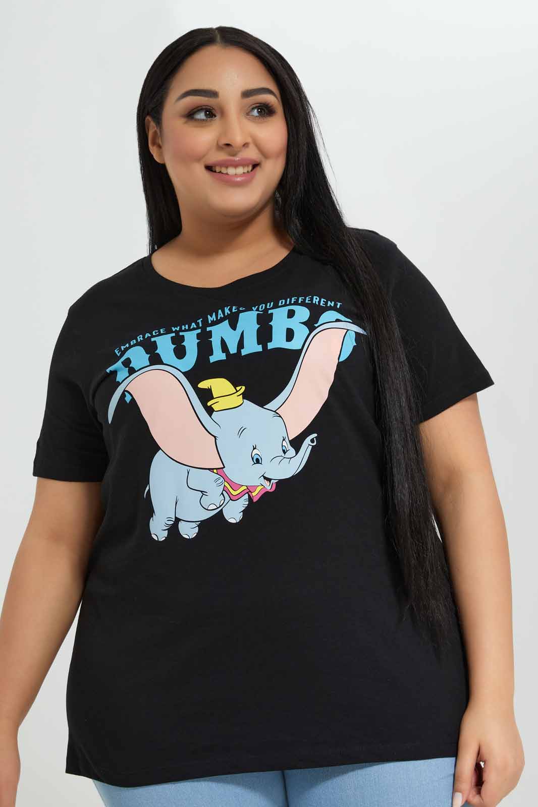 Redtag-Black-Dumbo-Placement-Print-T-Shirt-Category:T-Shirts,-Colour:Black,-Deals:New-In,-Filter:Plus-Size,-LDP-T-Shirts,-New-In-LDP-APL,-Non-Sale,-Section:Women,-TBL,-W22A-Women's-