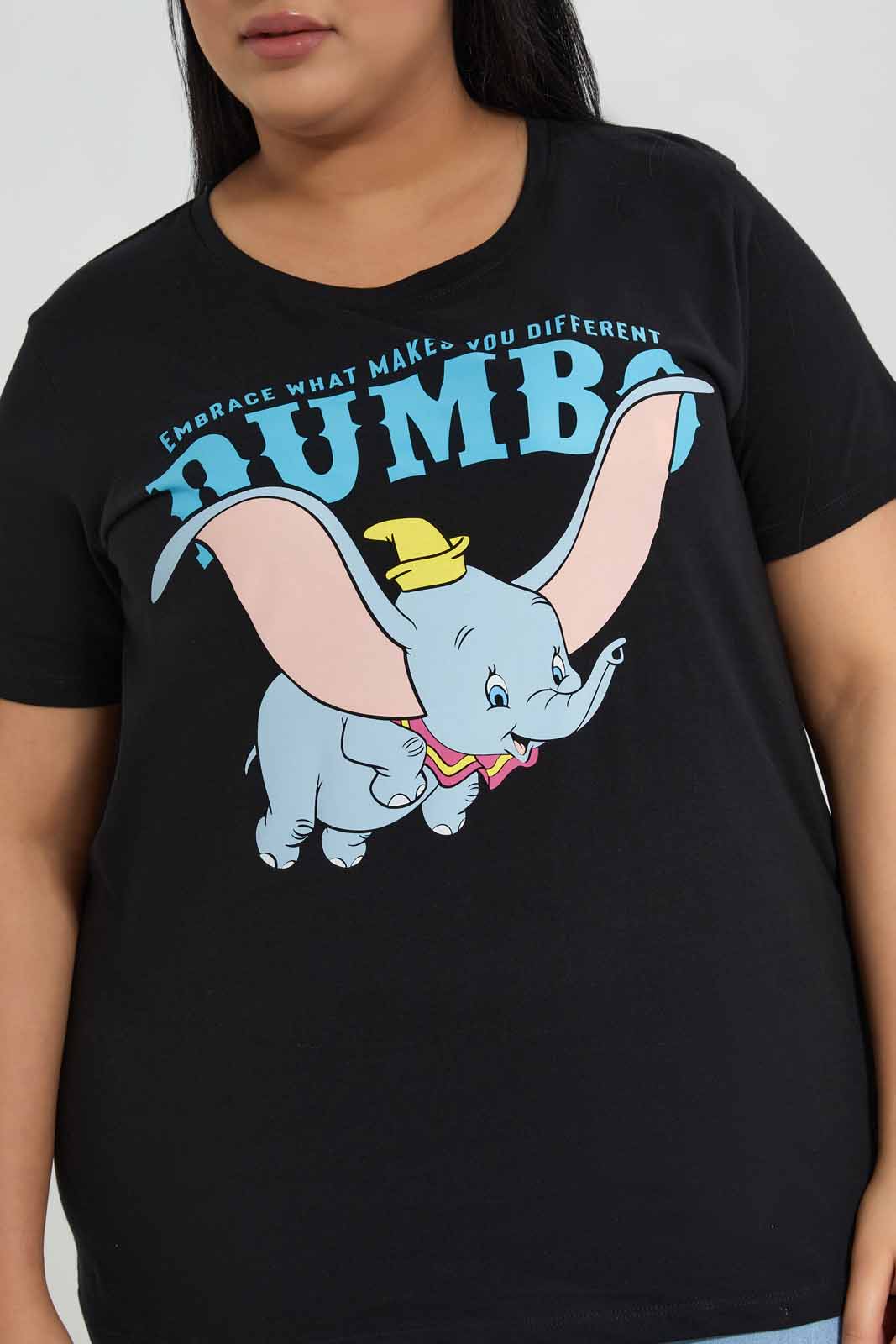 Redtag-Black-Dumbo-Placement-Print-T-Shirt-Category:T-Shirts,-Colour:Black,-Deals:New-In,-Filter:Plus-Size,-LDP-T-Shirts,-New-In-LDP-APL,-Non-Sale,-Section:Women,-TBL,-W22A-Women's-