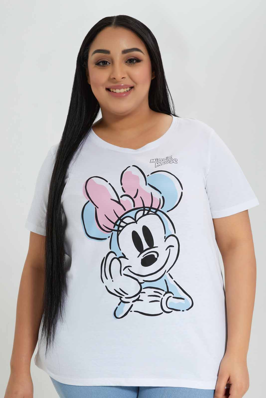 Redtag-White-Minnie-Placement-Print-T-Shirt-Category:T-Shirts,-Colour:White,-Deals:New-In,-Filter:Plus-Size,-LDP-T-Shirts,-New-In-LDP-APL,-Non-Sale,-Section:Women,-TBL,-W22A-Women's-