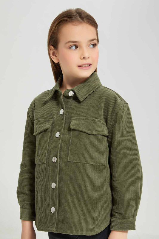 Redtag-Olive-Cord-Jacket-Category:Jackets,-Colour:Olive,-Deals:New-In,-Filter:Girls-(2-to-8-Yrs),-GIR-Jackets,-New-In-GIR-APL,-Non-Sale,-Section:Girls-(0-to-14Yrs),-W22B-Girls-2 to 8 Years