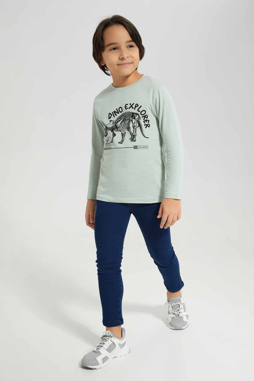 Redtag-Mint-Dino-Explorer-Long-Sleeve-Graphic-T--Shirt-BOY-T-Shirts,-Category:T-Shirts,-Colour:Mint,-Deals:New-In,-Filter:Boys-(2-to-8-Yrs),-New-In-BOY-APL,-Non-Sale,-Section:Boys-(0-to-14Yrs),-TBL,-W22B-Boys-2 to 8 Years