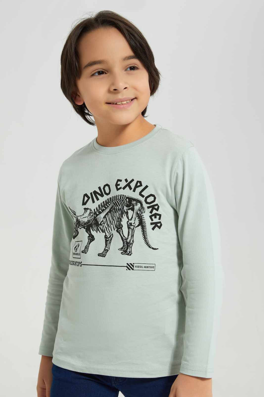 Redtag-Mint-Dino-Explorer-Long-Sleeve-Graphic-T--Shirt-BOY-T-Shirts,-Category:T-Shirts,-Colour:Mint,-Deals:New-In,-Filter:Boys-(2-to-8-Yrs),-New-In-BOY-APL,-Non-Sale,-Section:Boys-(0-to-14Yrs),-TBL,-W22B-Boys-2 to 8 Years