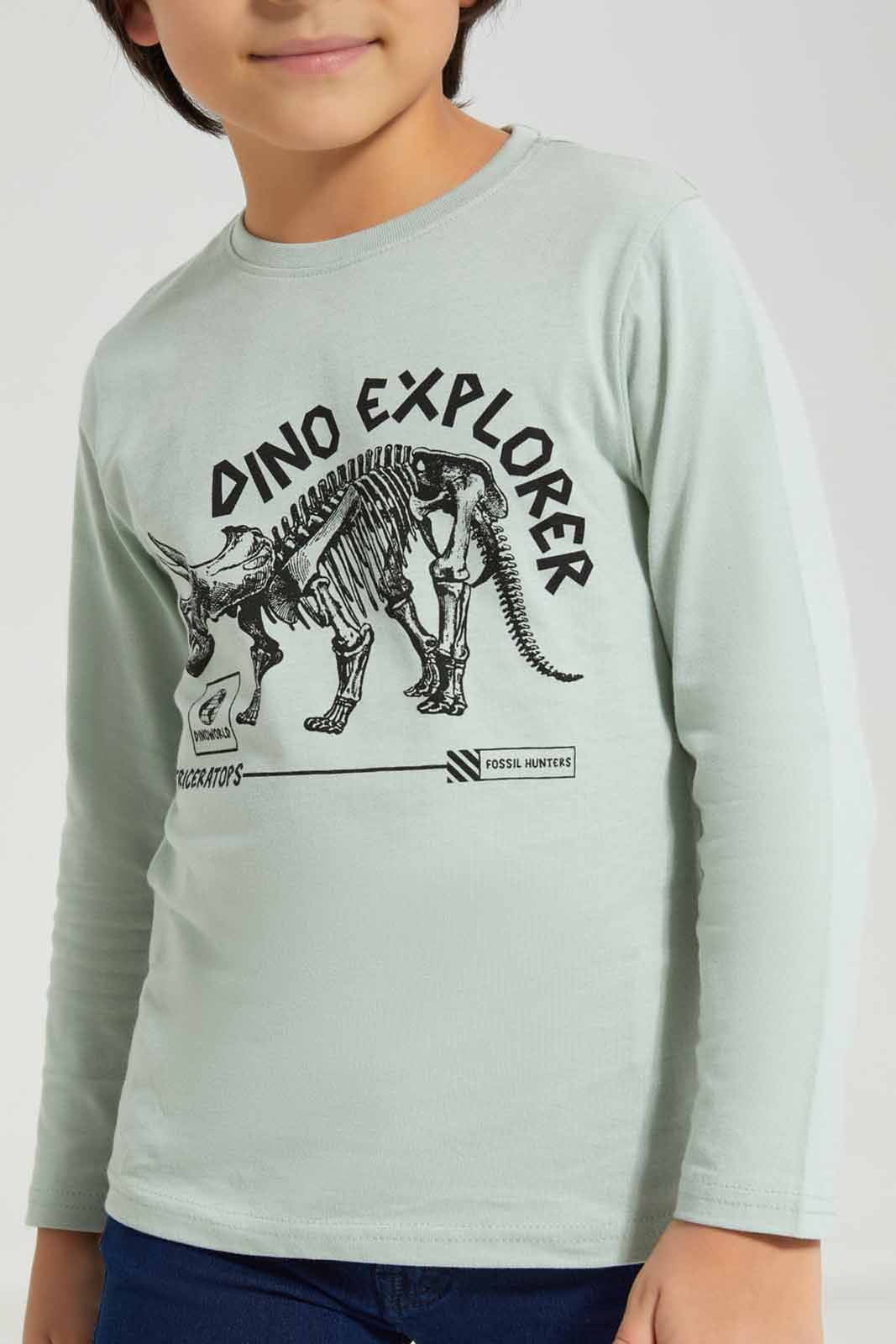Redtag-Mint-Dino-Explorer-Long-Sleeve-Graphic-T--Shirt-BOY-T-Shirts,-Category:T-Shirts,-Colour:Mint,-Deals:New-In,-Filter:Boys-(2-to-8-Yrs),-New-In-BOY-APL,-Non-Sale,-Section:Boys-(0-to-14Yrs),-TBL,-W22B-Boys-2 to 8 Years