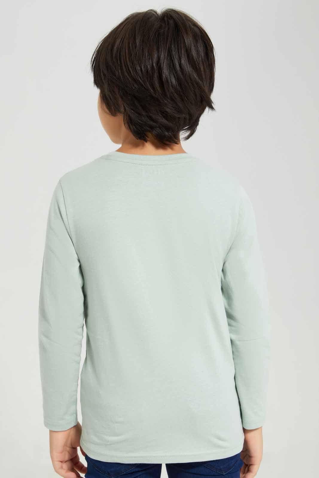 Redtag-Mint-Dino-Explorer-Long-Sleeve-Graphic-T--Shirt-BOY-T-Shirts,-Category:T-Shirts,-Colour:Mint,-Deals:New-In,-Filter:Boys-(2-to-8-Yrs),-New-In-BOY-APL,-Non-Sale,-Section:Boys-(0-to-14Yrs),-TBL,-W22B-Boys-2 to 8 Years