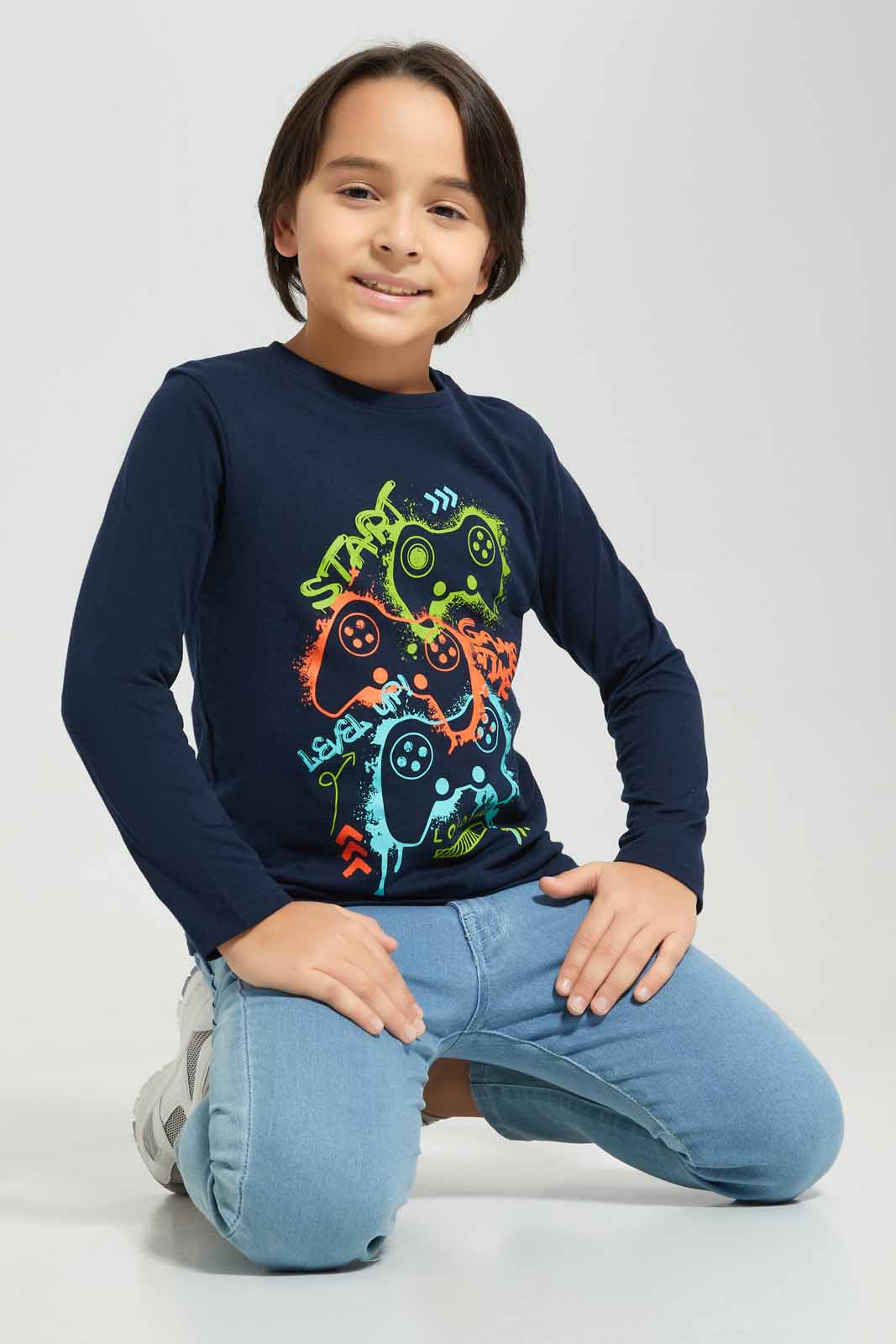 Redtag-Black-Game-Time-Long-Sleeve-Graphic-T--Shirt-BOY-T-Shirts,-Category:T-Shirts,-Colour:Black,-Deals:New-In,-Filter:Boys-(2-to-8-Yrs),-New-In-BOY-APL,-Non-Sale,-Section:Boys-(0-to-14Yrs),-TBL,-W22B-Boys-2 to 8 Years