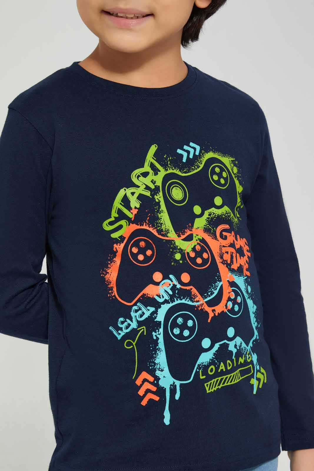 Redtag-Black-Game-Time-Long-Sleeve-Graphic-T--Shirt-BOY-T-Shirts,-Category:T-Shirts,-Colour:Black,-Deals:New-In,-Filter:Boys-(2-to-8-Yrs),-New-In-BOY-APL,-Non-Sale,-Section:Boys-(0-to-14Yrs),-TBL,-W22B-Boys-2 to 8 Years