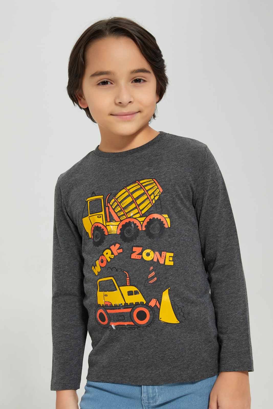 Redtag-Charcoal-Work-Zone-Force-Long-Sleeve-Graphic-T-Shirt-BOY-T-Shirts,-Category:T-Shirts,-Colour:Charcoal,-Deals:New-In,-Filter:Boys-(2-to-8-Yrs),-New-In-BOY-APL,-Non-Sale,-Section:Boys-(0-to-14Yrs),-TBL,-W22B-Boys-2 to 8 Years