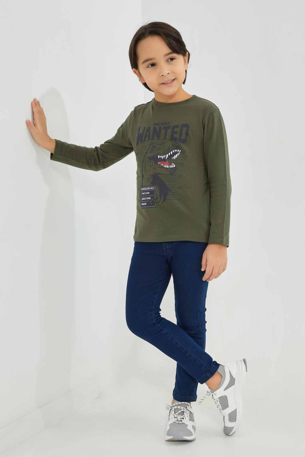 Redtag-Green-Dino-World-Long-Sleeve-Graphic-T-Shirt-BOY-T-Shirts,-Category:T-Shirts,-Colour:Green,-Deals:New-In,-Filter:Boys-(2-to-8-Yrs),-New-In-BOY-APL,-Non-Sale,-Section:Boys-(0-to-14Yrs),-TBL,-W22B-Boys-2 to 8 Years