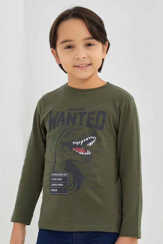 Redtag-Green-Dino-World-Long-Sleeve-Graphic-T-Shirt-BOY-T-Shirts,-Category:T-Shirts,-Colour:Green,-Deals:New-In,-Filter:Boys-(2-to-8-Yrs),-New-In-BOY-APL,-Non-Sale,-Section:Boys-(0-to-14Yrs),-TBL,-W22B-Boys-2 to 8 Years