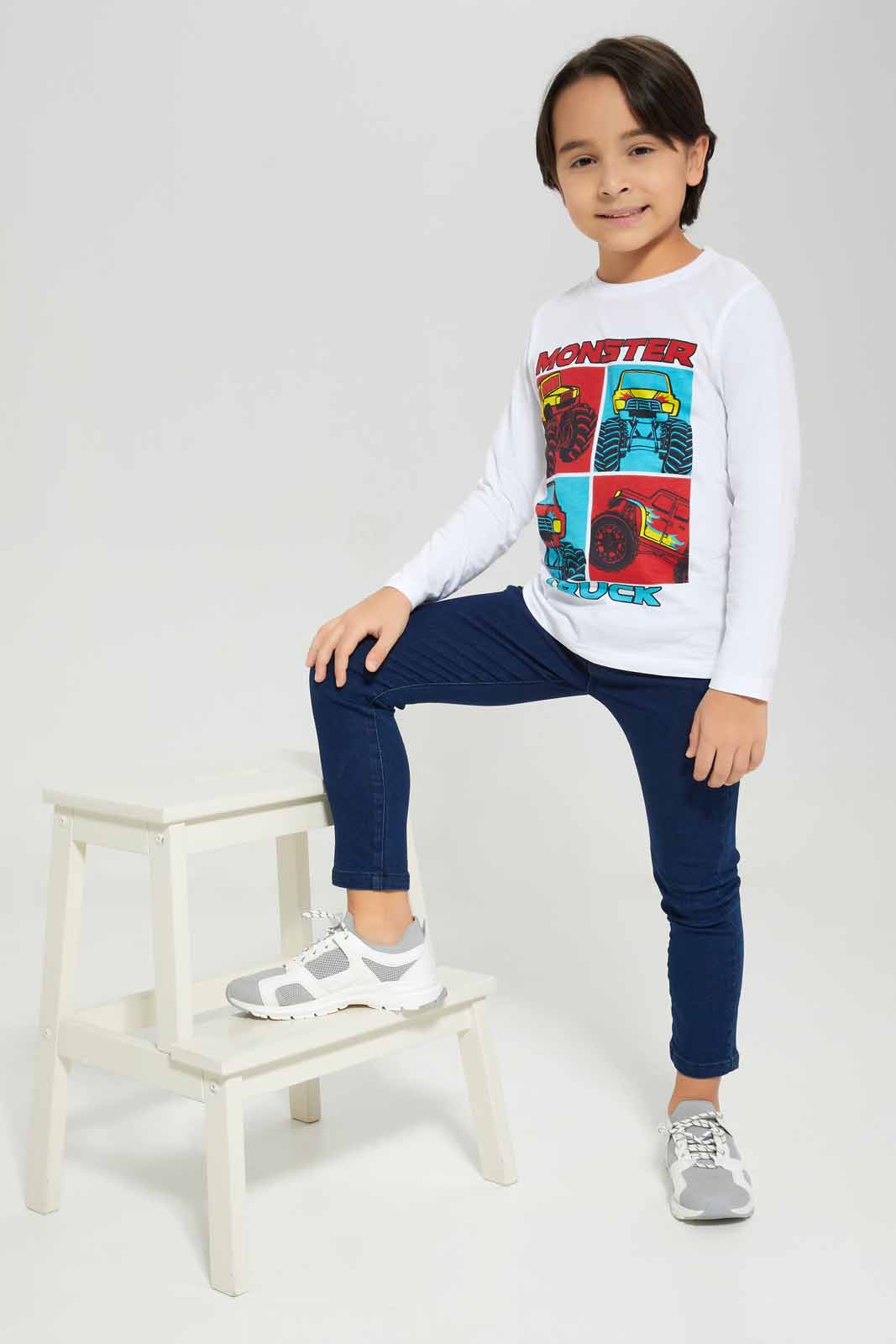 Redtag-White-Monster-Truck-Long-Sleeve-Graphic-T-Shirt-BOY-T-Shirts,-Category:T-Shirts,-Colour:White,-Deals:New-In,-Filter:Boys-(2-to-8-Yrs),-New-In-BOY-APL,-Non-Sale,-Section:Boys-(0-to-14Yrs),-TBL,-W22B-Boys-2 to 8 Years