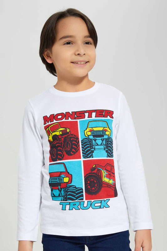 Redtag-White-Monster-Truck-Long-Sleeve-Graphic-T-Shirt-BOY-T-Shirts,-Category:T-Shirts,-Colour:White,-Deals:New-In,-Filter:Boys-(2-to-8-Yrs),-New-In-BOY-APL,-Non-Sale,-Section:Boys-(0-to-14Yrs),-TBL,-W22B-Boys-2 to 8 Years