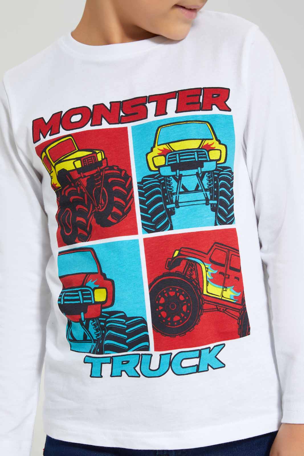 Redtag-White-Monster-Truck-Long-Sleeve-Graphic-T-Shirt-BOY-T-Shirts,-Category:T-Shirts,-Colour:White,-Deals:New-In,-Filter:Boys-(2-to-8-Yrs),-New-In-BOY-APL,-Non-Sale,-Section:Boys-(0-to-14Yrs),-TBL,-W22B-Boys-2 to 8 Years