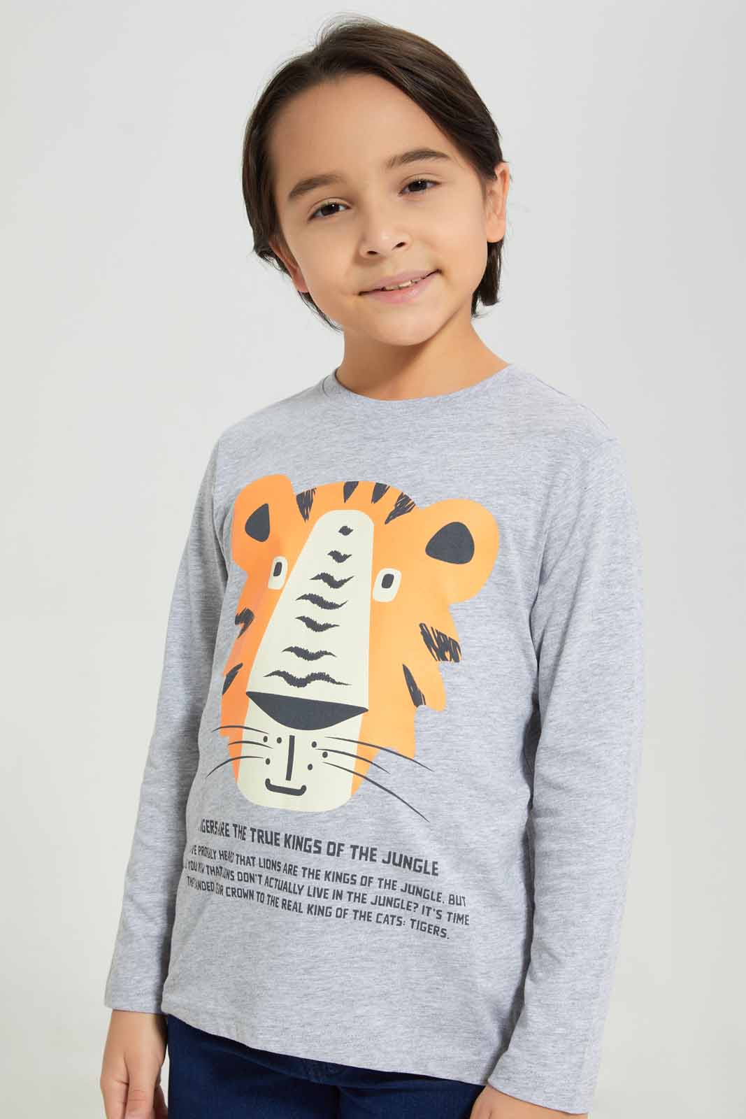 Redtag-Grey-Tiger-Long-Sleeve-Graphic-T-Shirt-BOY-T-Shirts,-Category:T-Shirts,-Colour:Grey,-Deals:New-In,-Filter:Boys-(2-to-8-Yrs),-New-In-BOY-APL,-Non-Sale,-Section:Boys-(0-to-14Yrs),-TBL,-W22B-Boys-2 to 8 Years
