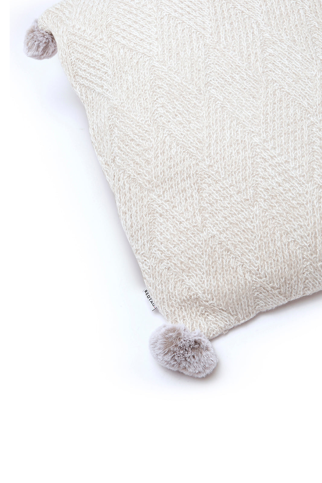 Redtag-Beige-Textured-Fur-Cushion-With-Pompom-Category:Cushions,-Colour:Beige,-Deals:New-In,-Dept:Home,-Filter:Home-Bedroom,-HMW-BED-Cushions,-New-In-HMW-BED,-Non-Sale,-S23A,-Section:Homewares-Home-Bedroom-