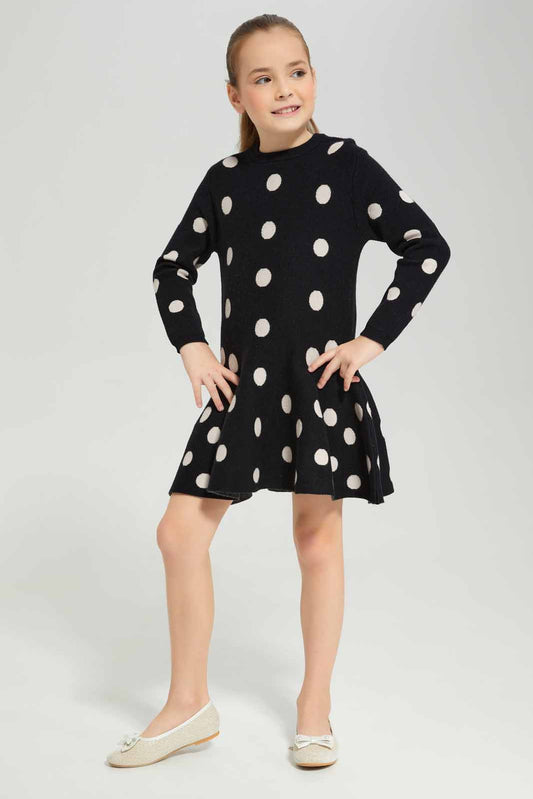 Redtag-Black-With-Pink-Dot-Long-Sleeve-Sweater-Dress-Category:Dresses,-Colour:Black,-Deals:New-In,-Dept:Girls,-Filter:Girls-(2-to-8-Yrs),-GIR-Dresses,-New-In-GIR-APL,-Non-Sale,-Section:Girls-(0-to-14Yrs),-W22B-Girls-2 to 8 Years