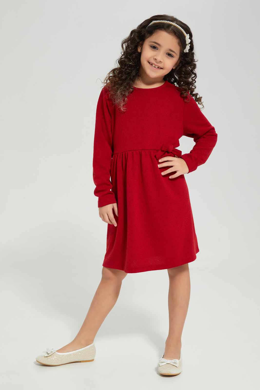 Redtag-Red-Knitted-Jacguard-Dress-Category:Dresses,-Colour:Red,-Deals:New-In,-Filter:Girls-(2-to-8-Yrs),-GIR-Dresses,-New-In-GIR-APL,-Non-Sale,-Section:Girls-(0-to-14Yrs),-W22B-Girls-2 to 8 Years