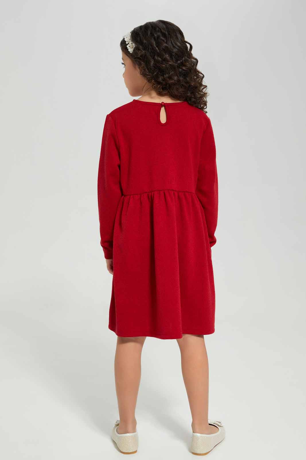 Redtag-Red-Knitted-Jacguard-Dress-Category:Dresses,-Colour:Red,-Deals:New-In,-Filter:Girls-(2-to-8-Yrs),-GIR-Dresses,-New-In-GIR-APL,-Non-Sale,-Section:Girls-(0-to-14Yrs),-W22B-Girls-2 to 8 Years