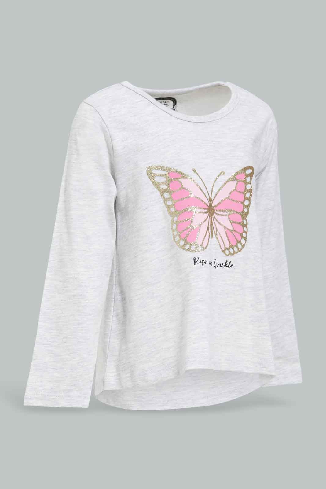 Redtag-Grey-Melange-Butterfly-Print-Graphic-Tee-Category:T-Shirts,-Colour:Grey,-Deals:New-In,-Filter:Infant-Girls-(3-to-24-Mths),-ING-T-Shirts,-New-In-ING-APL,-Non-Sale,-Section:Girls-(0-to-14Yrs),-TBL,-W22B-Infant-Girls-3 to 24 Months