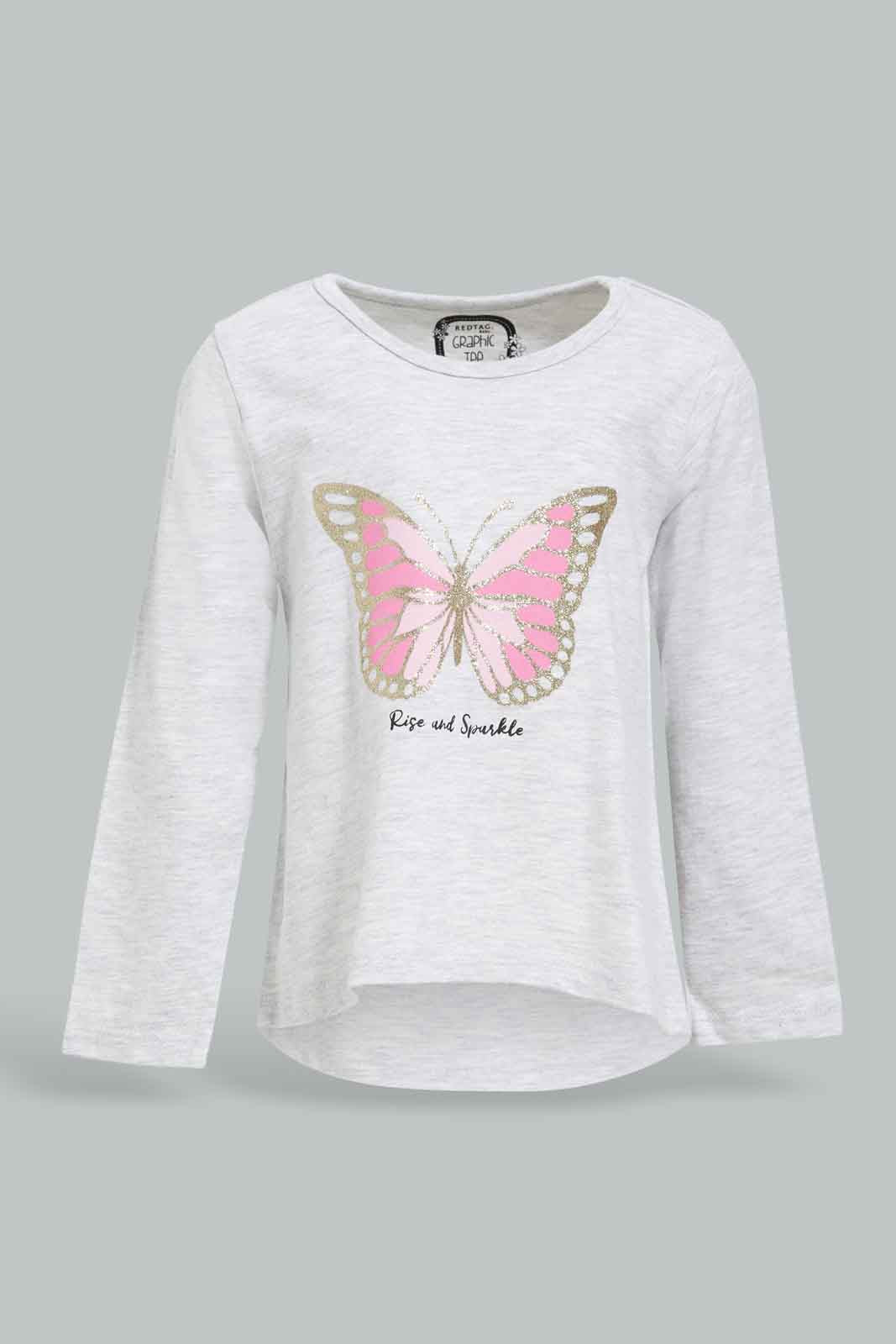 Redtag-Grey-Melange-Butterfly-Print-Graphic-Tee-Category:T-Shirts,-Colour:Grey,-Deals:New-In,-Filter:Infant-Girls-(3-to-24-Mths),-ING-T-Shirts,-New-In-ING-APL,-Non-Sale,-Section:Girls-(0-to-14Yrs),-TBL,-W22B-Infant-Girls-3 to 24 Months