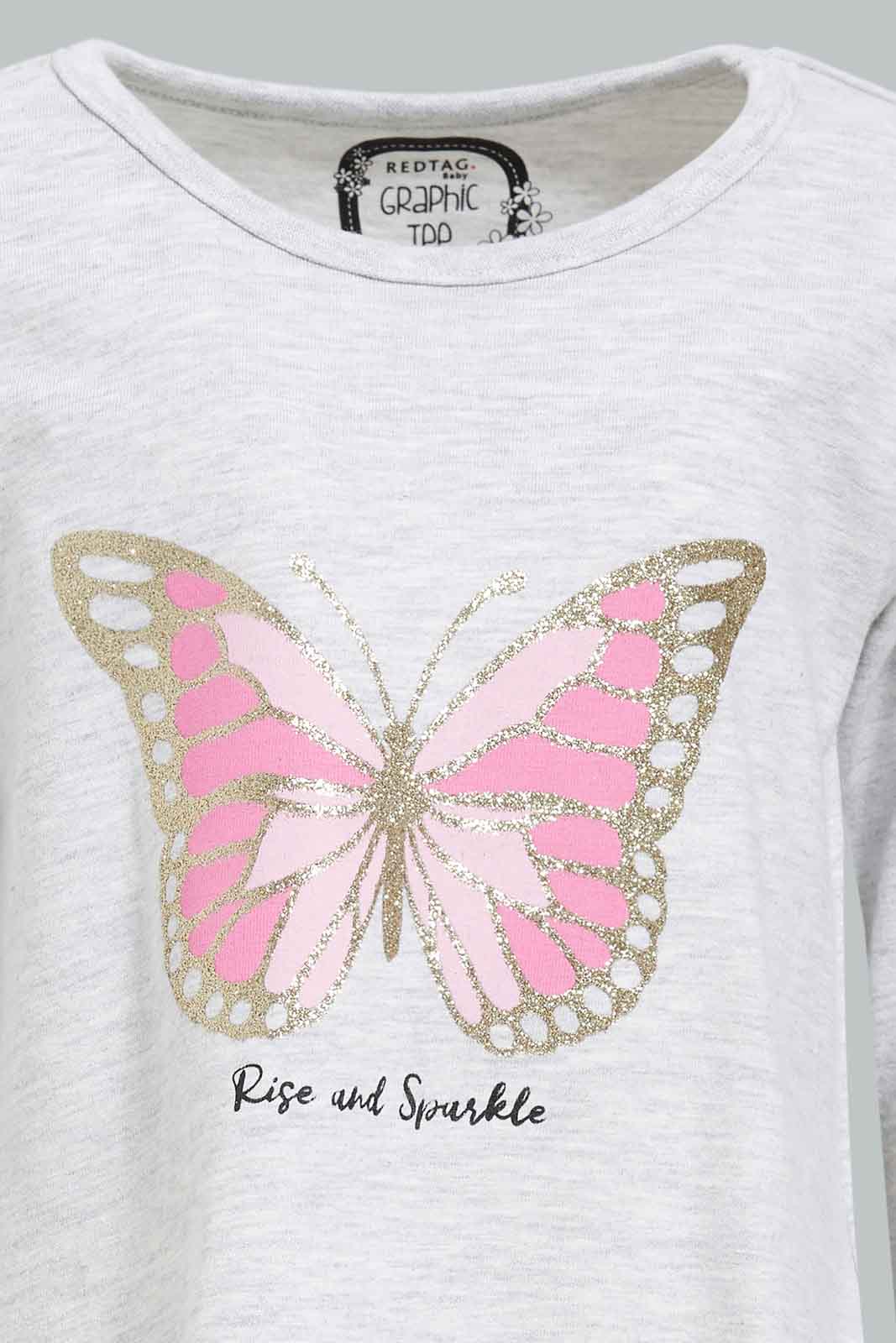 Redtag-Grey-Melange-Butterfly-Print-Graphic-Tee-Category:T-Shirts,-Colour:Grey,-Deals:New-In,-Filter:Infant-Girls-(3-to-24-Mths),-ING-T-Shirts,-New-In-ING-APL,-Non-Sale,-Section:Girls-(0-to-14Yrs),-TBL,-W22B-Infant-Girls-3 to 24 Months