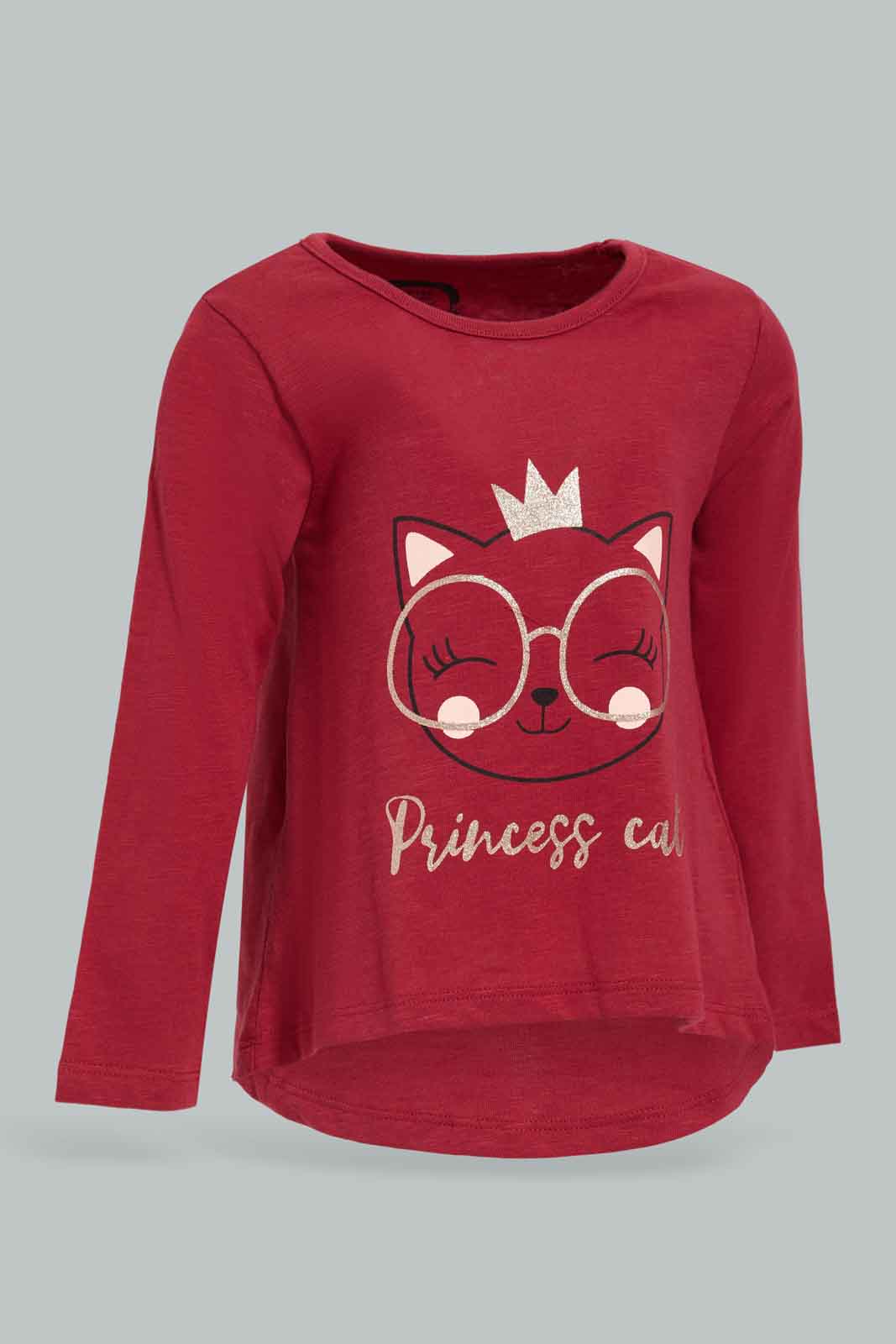 Redtag-BURGUNDY-Princess-Cat-Print-Graphic-Tee-Category:T-Shirts,-Colour:Burgundy,-Deals:New-In,-Filter:Infant-Girls-(3-to-24-Mths),-ING-T-Shirts,-New-In-ING-APL,-Non-Sale,-Section:Girls-(0-to-14Yrs),-TBL,-W22B-Infant-Girls-3 to 24 Months