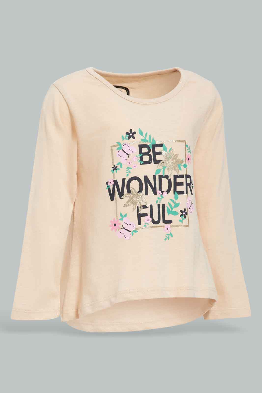 Redtag-Beige-To-Be-Wonderfull-Print-Graphic-Tee-Category:T-Shirts,-Colour:Beige,-Deals:New-In,-Filter:Infant-Girls-(3-to-24-Mths),-ING-T-Shirts,-New-In-ING-APL,-Non-Sale,-Section:Girls-(0-to-14Yrs),-TBL,-W22B-Infant-Girls-3 to 24 Months