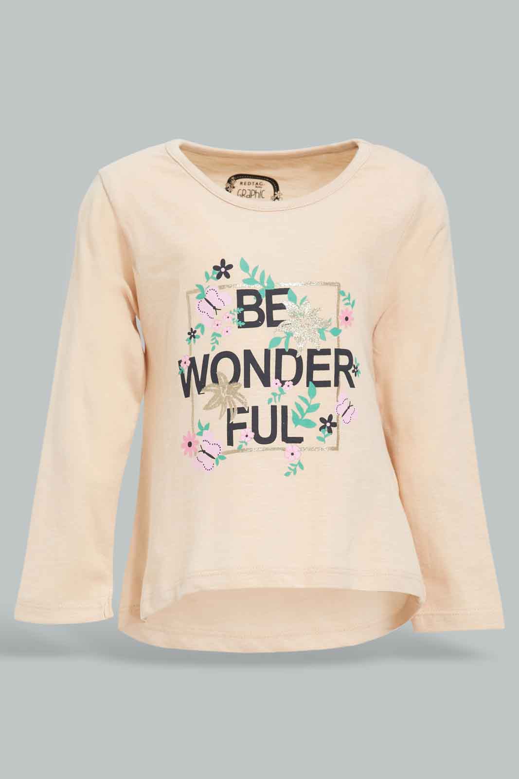 Redtag-Beige-To-Be-Wonderfull-Print-Graphic-Tee-Category:T-Shirts,-Colour:Beige,-Deals:New-In,-Filter:Infant-Girls-(3-to-24-Mths),-ING-T-Shirts,-New-In-ING-APL,-Non-Sale,-Section:Girls-(0-to-14Yrs),-TBL,-W22B-Infant-Girls-3 to 24 Months