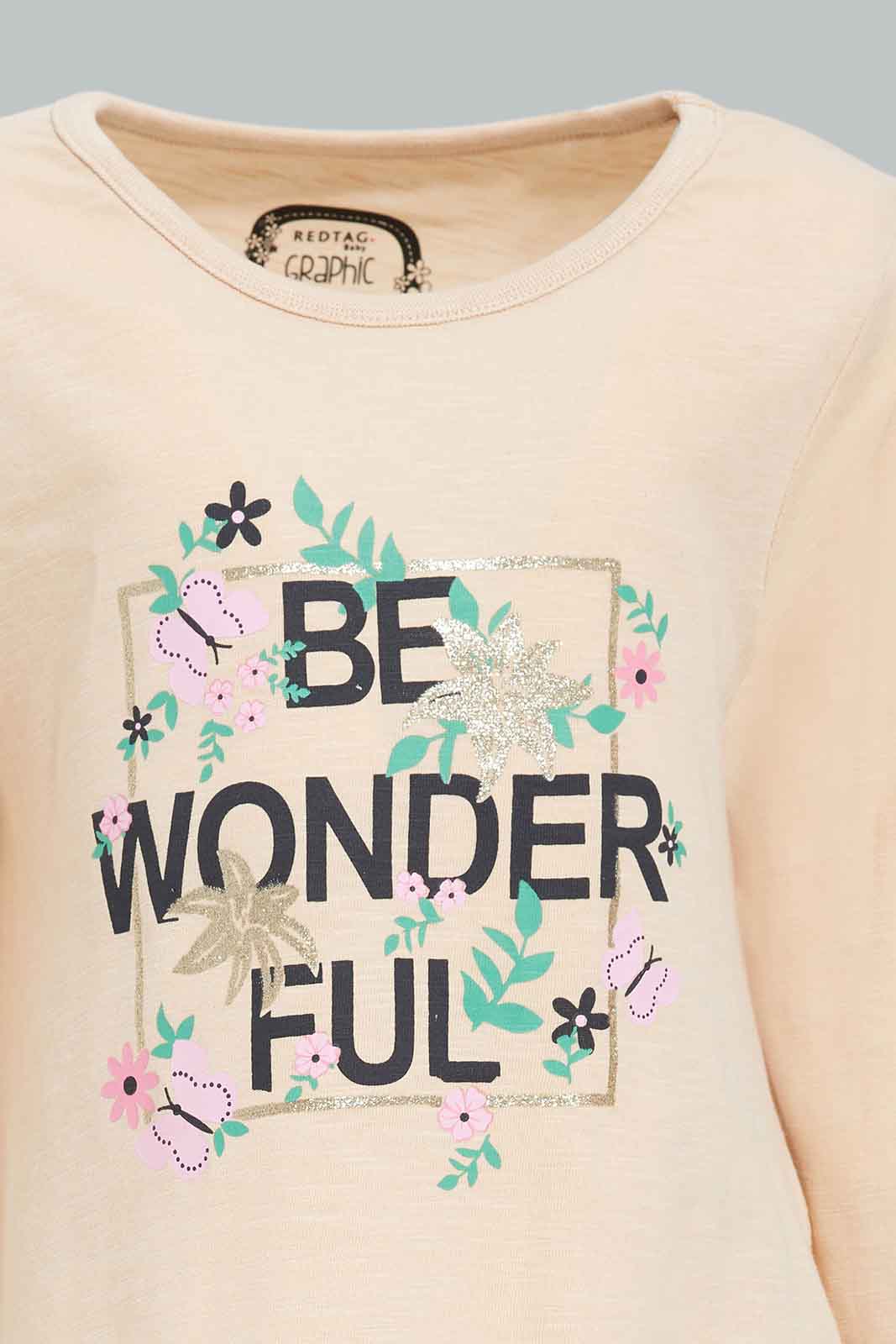 Redtag-Beige-To-Be-Wonderfull-Print-Graphic-Tee-Category:T-Shirts,-Colour:Beige,-Deals:New-In,-Filter:Infant-Girls-(3-to-24-Mths),-ING-T-Shirts,-New-In-ING-APL,-Non-Sale,-Section:Girls-(0-to-14Yrs),-TBL,-W22B-Infant-Girls-3 to 24 Months