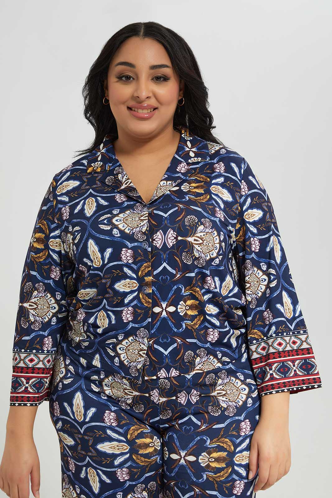 Redtag-Navy-Printed-Buttoned-Long-Sleeve-Top-With-Border-Category:Tops,-Colour:Assorted,-Deals:New-In,-Filter:Plus-Size,-LDP-Tops,-New-In-LDP-APL,-Non-Sale,-Section:Women,-W22B-Women's-