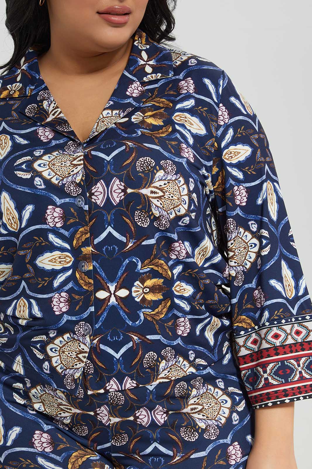 Redtag-Navy-Printed-Buttoned-Long-Sleeve-Top-With-Border-Category:Tops,-Colour:Assorted,-Deals:New-In,-Filter:Plus-Size,-LDP-Tops,-New-In-LDP-APL,-Non-Sale,-Section:Women,-W22B-Women's-