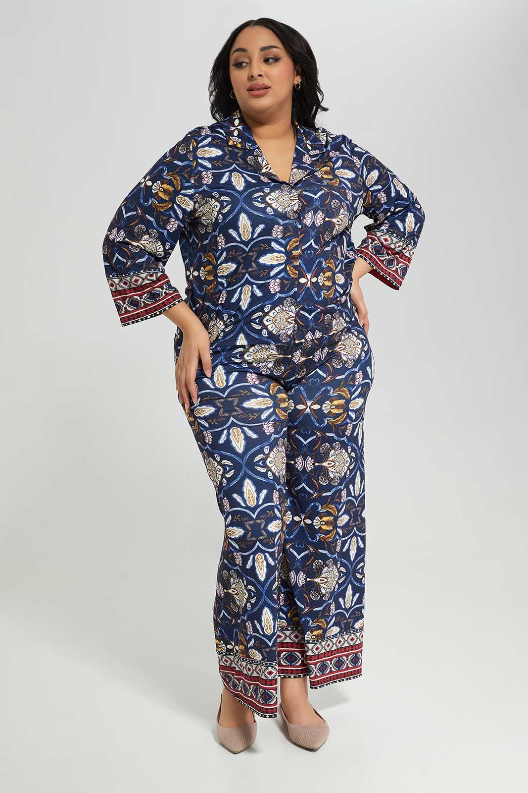 Redtag-Navy-Printed-Buttoned-Long-Sleeve-Top-With-Border-Category:Tops,-Colour:Assorted,-Deals:New-In,-Filter:Plus-Size,-LDP-Tops,-New-In-LDP-APL,-Non-Sale,-Section:Women,-W22B-Women's-