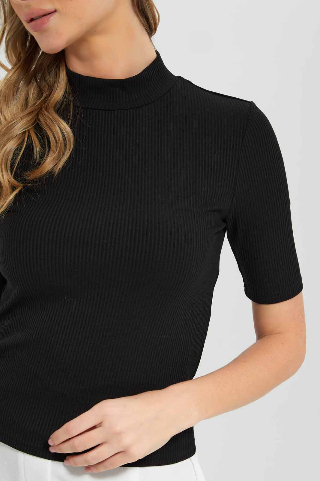 Redtag-Black-High-Neck-Ribbed-T-Shirt-Category:T-Shirts,-Colour:Black,-Deals:New-In,-Filter:Women's-Clothing,-New-In-Women-APL,-Non-Sale,-Section:Women,-W22B,-Women-T-Shirts-Women's-
