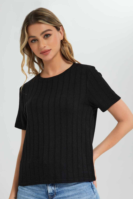 Redtag-Black-Warm-Handle-Ribbed-T-Shirt-Category:T-Shirts,-Colour:Black,-Deals:New-In,-Filter:Women's-Clothing,-New-In-Women-APL,-Non-Sale,-Section:Women,-W22B,-Women-T-Shirts-Women's-
