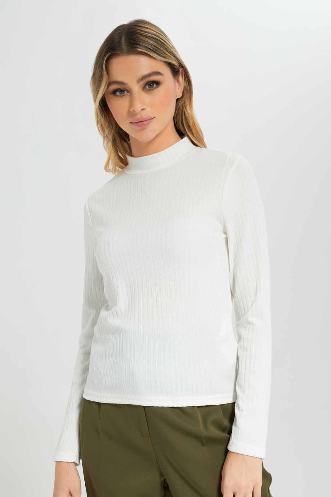 Redtag-Ivory-High-Neck-Long-Sleeve-Ribbed-T-Shirt-Category:T-Shirts,-Colour:Ivory,-Deals:New-In,-Dept:Ladieswear,-Filter:Women's-Clothing,-New-In-Women-APL,-Non-Sale,-Section:Women,-W22B,-Women-T-Shirts-Women's-