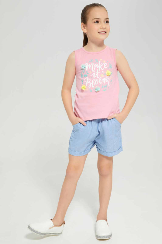 Redtag-Pink-Knitted-Top-And-Woven-Short-Sets-Category:Sets,-Colour:Apricot,-Deals:New-In,-Filter:Girls-(2-to-8-Yrs),-GIR-Sets,-New-In-GIR-APL,-Non-Sale,-Section:Girls-(0-to-14Yrs),-W22A-Girls-2 to 8 Years