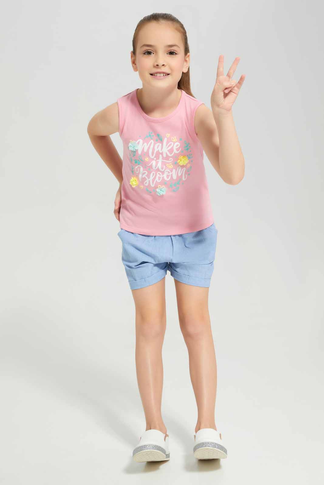Redtag-Pink-Knitted-Top-And-Woven-Short-Sets-Category:Sets,-Colour:Apricot,-Deals:New-In,-Filter:Girls-(2-to-8-Yrs),-GIR-Sets,-New-In-GIR-APL,-Non-Sale,-Section:Girls-(0-to-14Yrs),-W22A-Girls-2 to 8 Years