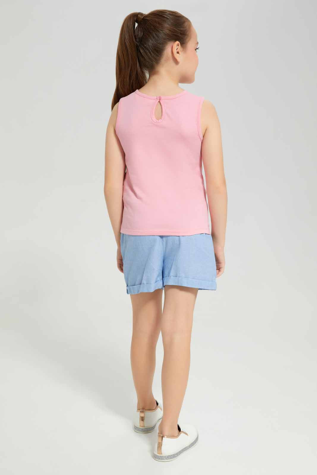 Redtag-Pink-Knitted-Top-And-Woven-Short-Sets-Category:Sets,-Colour:Apricot,-Deals:New-In,-Filter:Girls-(2-to-8-Yrs),-GIR-Sets,-New-In-GIR-APL,-Non-Sale,-Section:Girls-(0-to-14Yrs),-W22A-Girls-2 to 8 Years