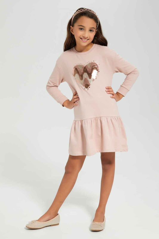 Redtag-Pink-Embellished-Long-Sleeve-Dress-Category:Dresses,-Colour:Apricot,-Deals:New-In,-Filter:Girls-(2-to-8-Yrs),-GIR-Dresses,-New-In-GIR-APL,-Non-Sale,-Section:Girls-(0-to-14Yrs),-W22B-Girls-2 to 8 Years