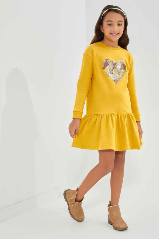 Redtag-Mustard-Melange-Embellished-Long-Sleeve-Dress-Category:Dresses,-Colour:Mustard,-Deals:New-In,-Filter:Girls-(2-to-8-Yrs),-GIR-Dresses,-New-In-GIR-APL,-Non-Sale,-Section:Girls-(0-to-14Yrs),-W22B-Girls-2 to 8 Years