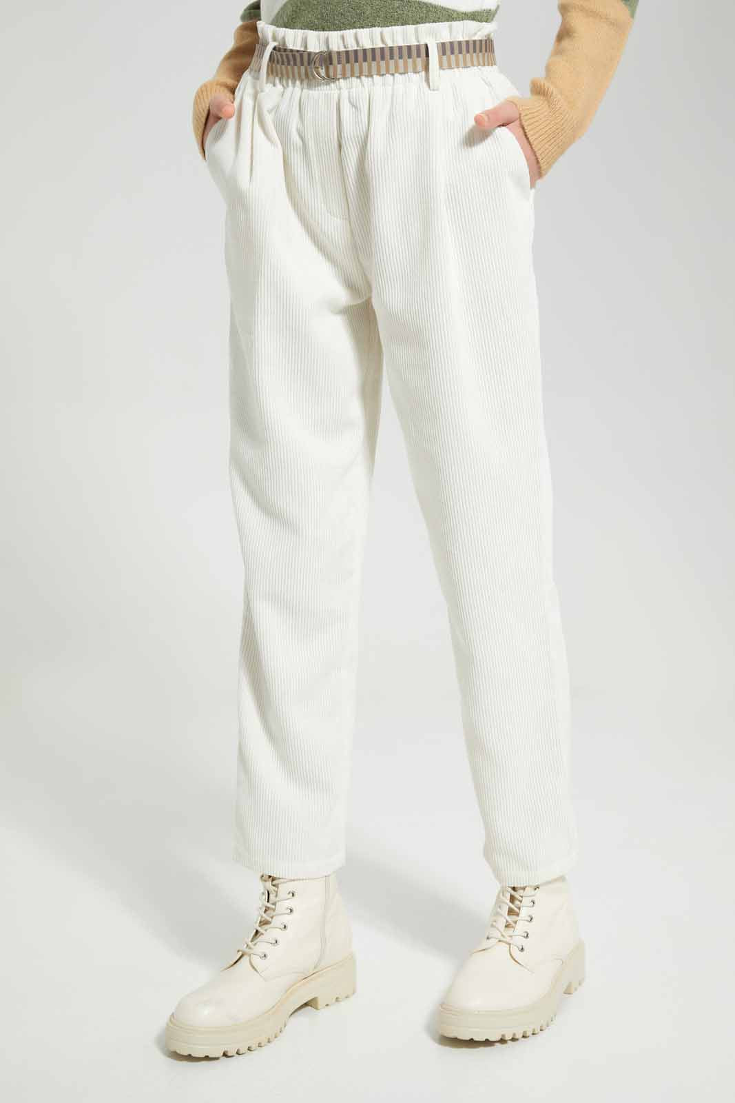 Redtag-White-Cordorouy-Trouser-W/-Belt-Category:Trousers,-Colour:White,-Deals:New-In,-Filter:Senior-Girls-(8-to-14-Yrs),-GSR-Trousers,-New-In-GSR-APL,-Non-Sale,-Section:Girls-(0-to-14Yrs),-W22B-Senior-Girls-9 to 14 Years