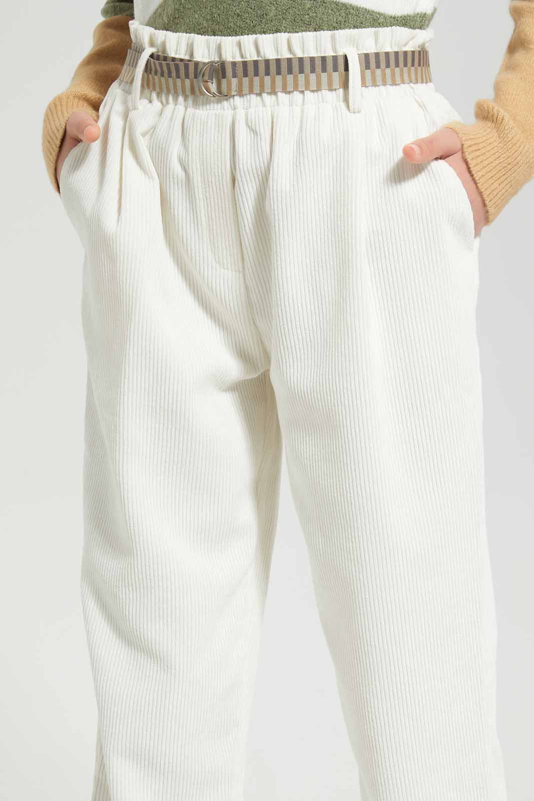 Redtag-White-Cordorouy-Trouser-W/-Belt-Category:Trousers,-Colour:White,-Deals:New-In,-Filter:Senior-Girls-(8-to-14-Yrs),-GSR-Trousers,-New-In-GSR-APL,-Non-Sale,-Section:Girls-(0-to-14Yrs),-W22B-Senior-Girls-9 to 14 Years