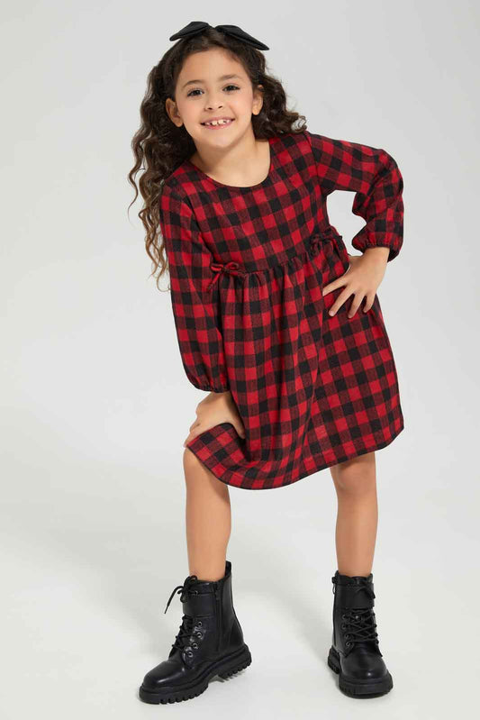 Redtag-Red-Knitted-Y/D-Check-Long-Sleeve-Dress-Category:Dresses,-Colour:Red,-Deals:New-In,-Dept:Girls,-Filter:Girls-(2-to-8-Yrs),-GIR-Dresses,-New-In-GIR-APL,-Non-Sale,-Section:Girls-(0-to-14Yrs),-W22B-Girls-2 to 8 Years