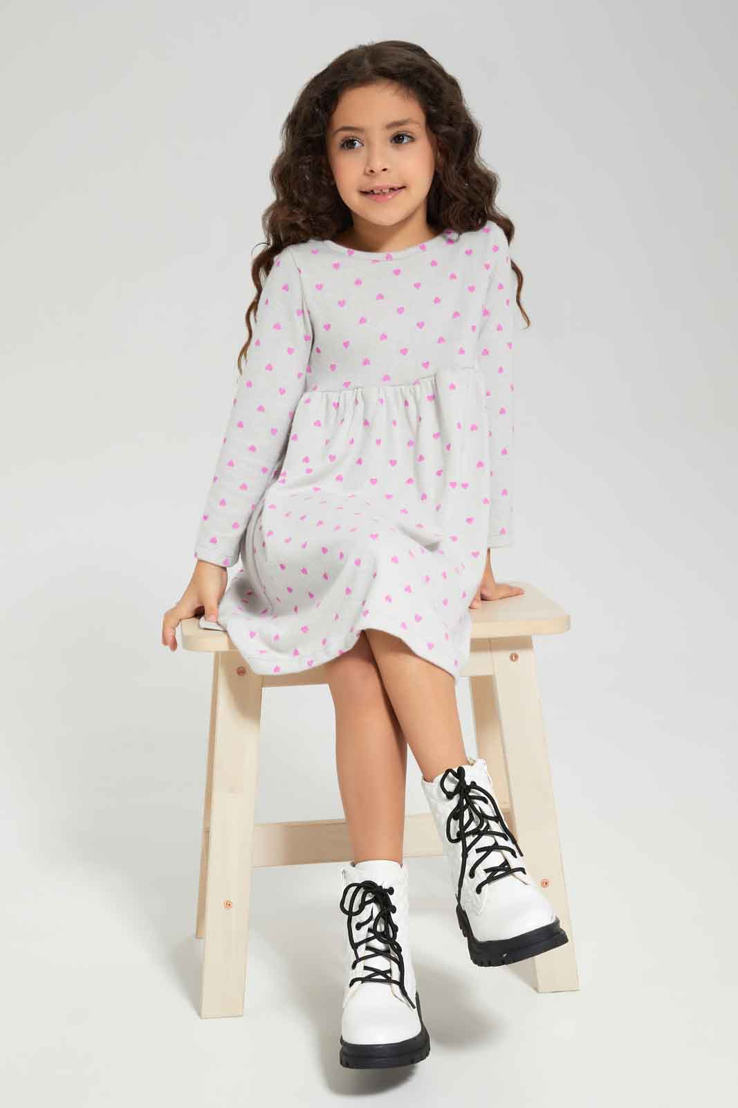 Redtag-Pink-Knitted-Y/D-Check-Long-Sleeve-Dress-Category:Dresses,-Colour:Apricot,-Deals:New-In,-Dept:Girls,-Filter:Girls-(2-to-8-Yrs),-GIR-Dresses,-New-In-GIR-APL,-Non-Sale,-Section:Girls-(0-to-14Yrs),-W22B-Girls-2 to 8 Years