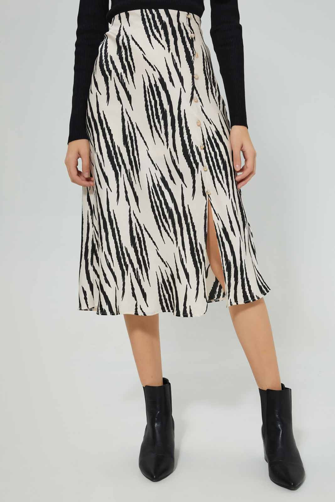 Women Black And Cream Printed Satin Skirt