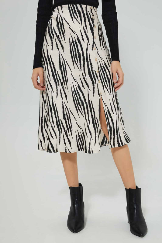 Women Black And Cream Printed Satin Skirt
