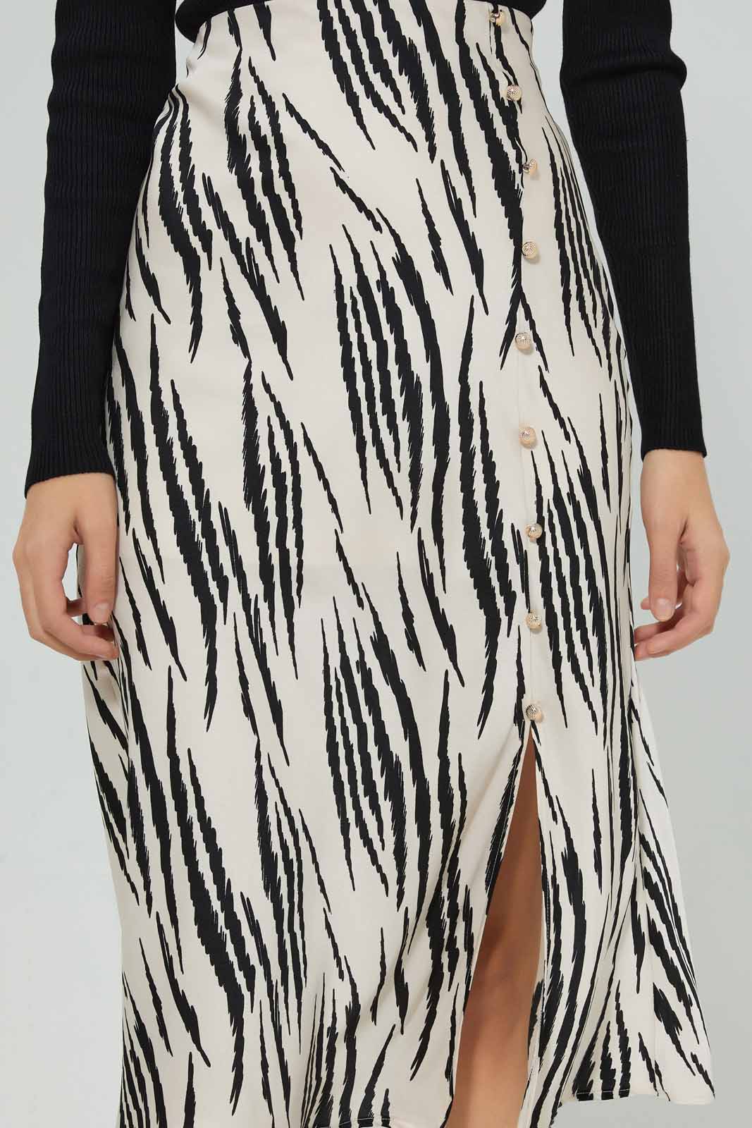 Women Black And Cream Printed Satin Skirt